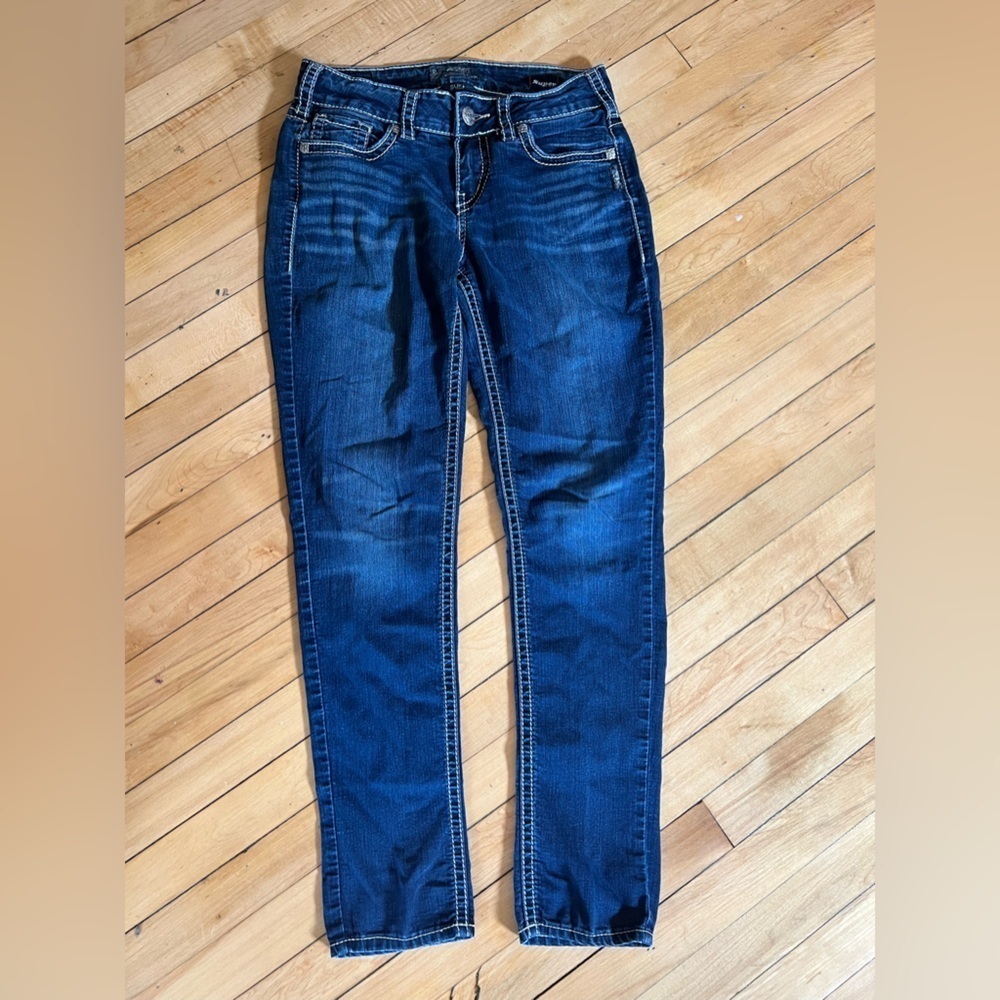 Silver Jeans Co. suki mid skinny dark wash denim jeans white stitching‎ S pocket